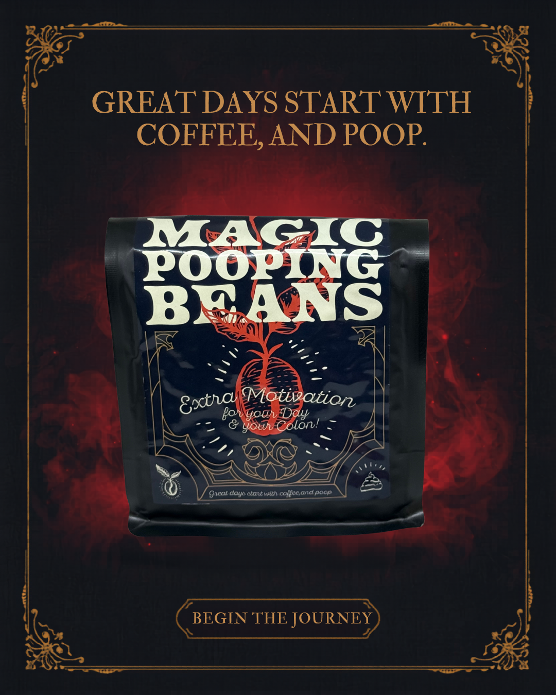 The Magic Pooping Beans coffee bag with red-bean illustration on a smoky navy field, framed in gold filigree.